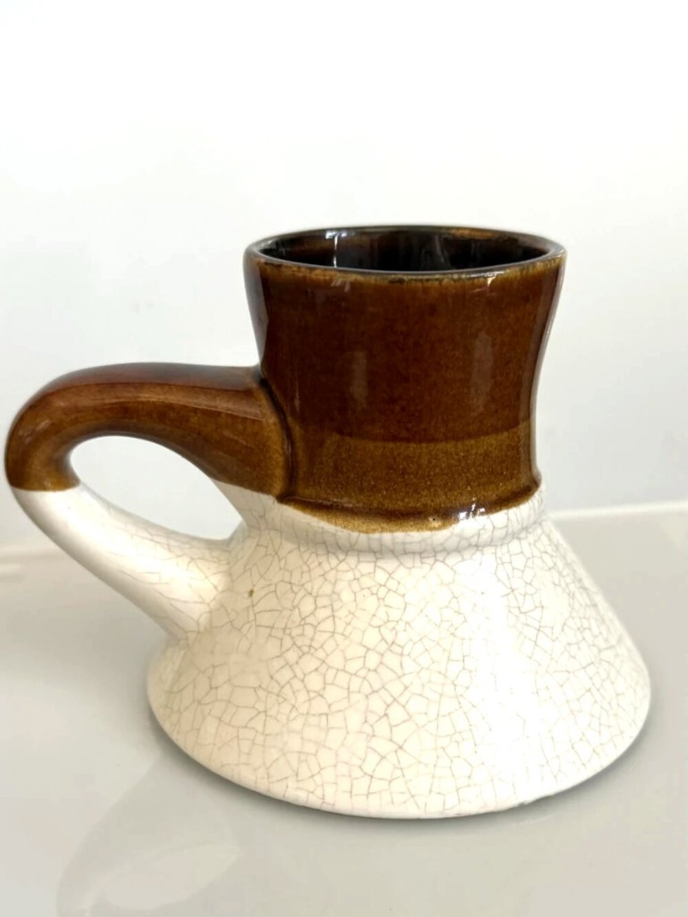 Vintage 1970s Wide Base No Spill Ceramic Coffee Mug Stein Two Tone Brown White